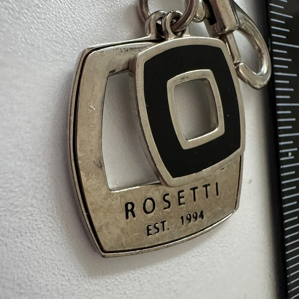 Rosetti Keychain Silver Tone Logo Square Black Enamel Modern Key‎ Ring